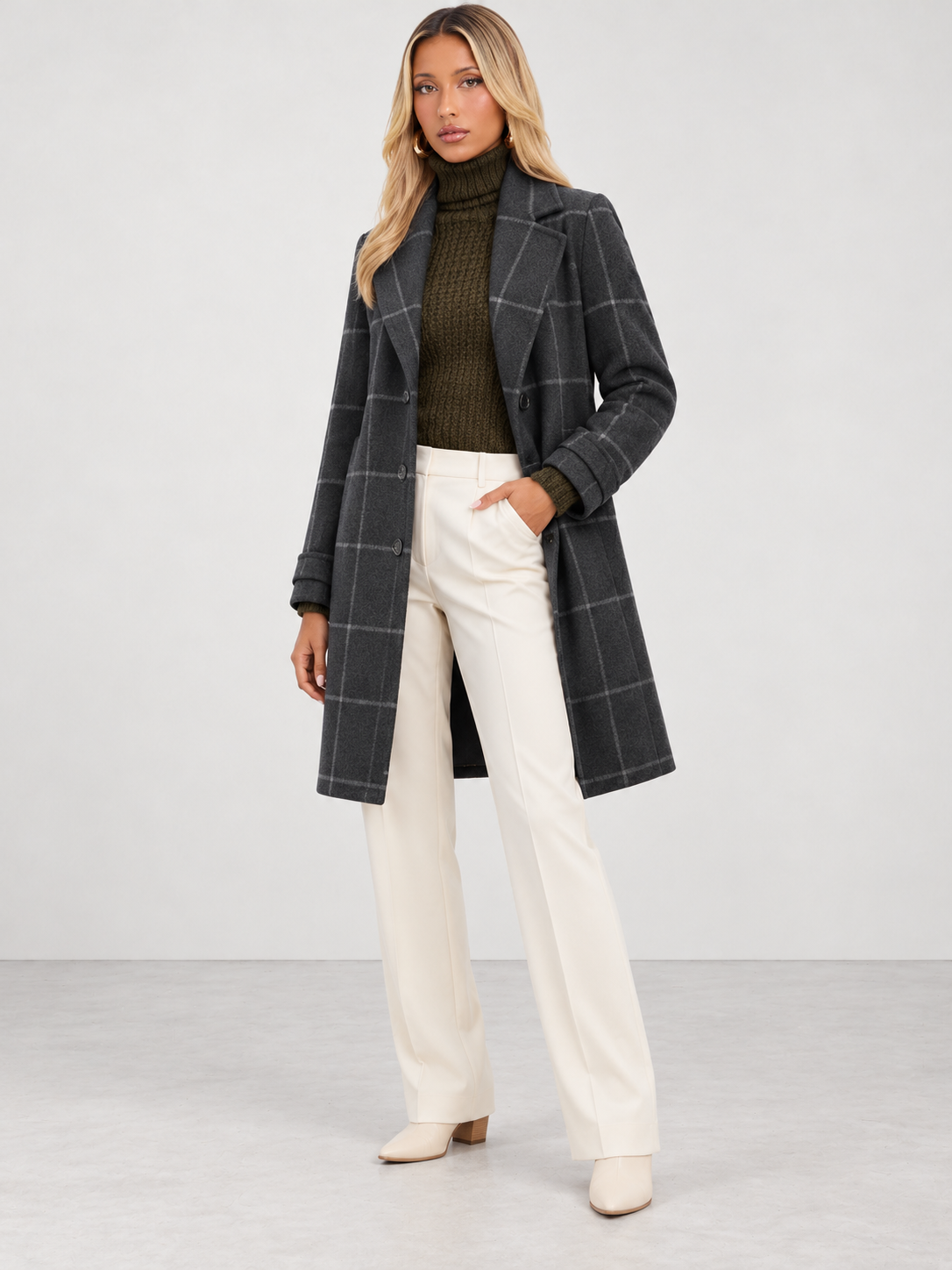 Women's Check Double Breasted Midi Coat - grey model