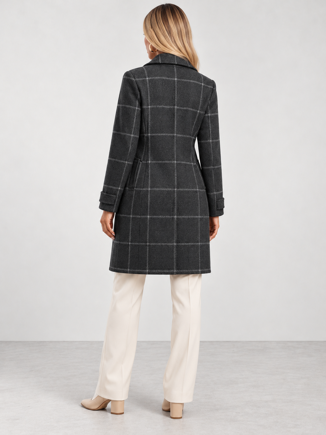 Women's Check Double Breasted Midi Coat - grey back