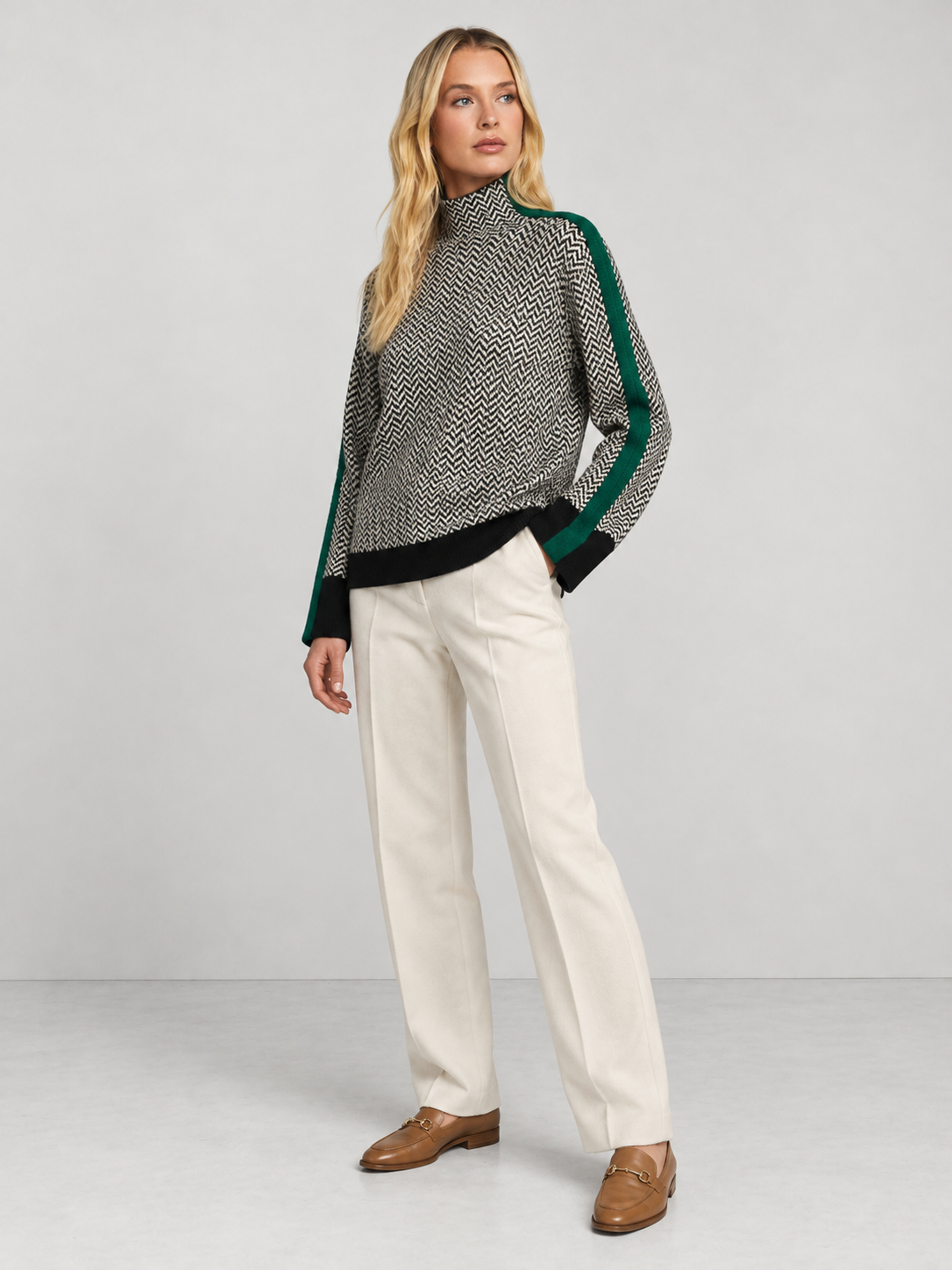 Women's High Neck Knit Jumper - green model