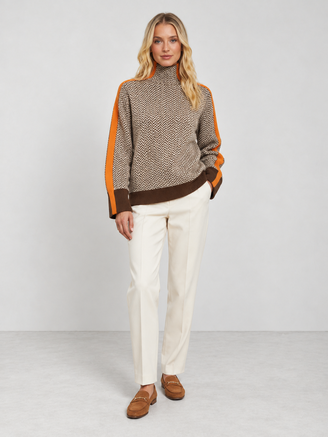 Women's High Neck Knit Jumper - orange model