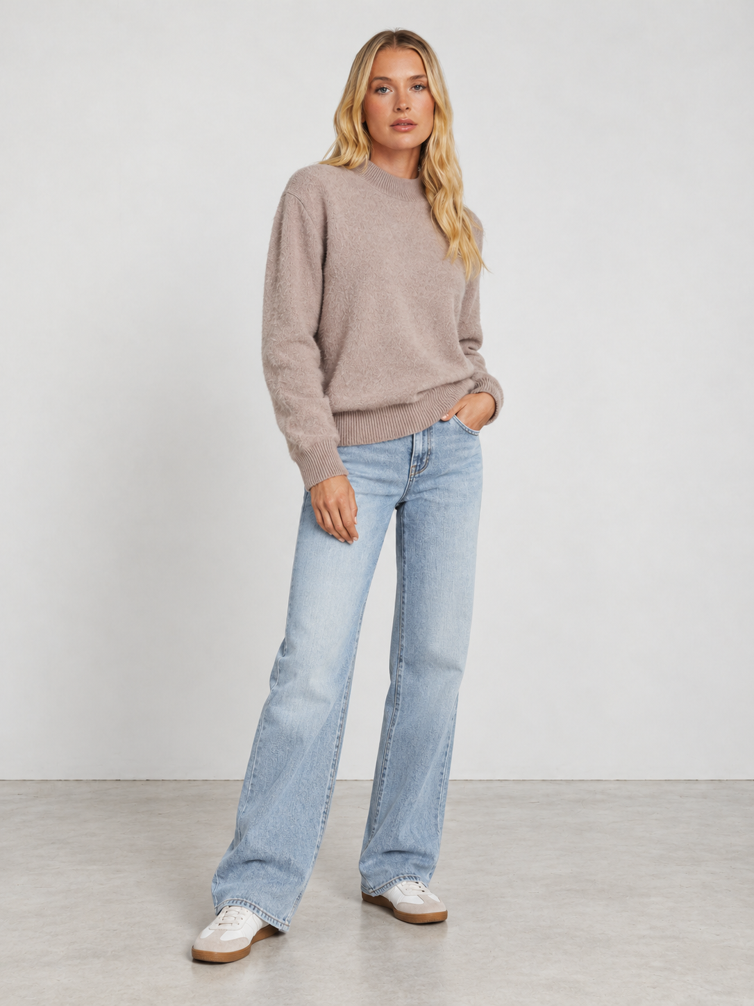 Women's Soft Knit Mock Neck Jumper - brown model