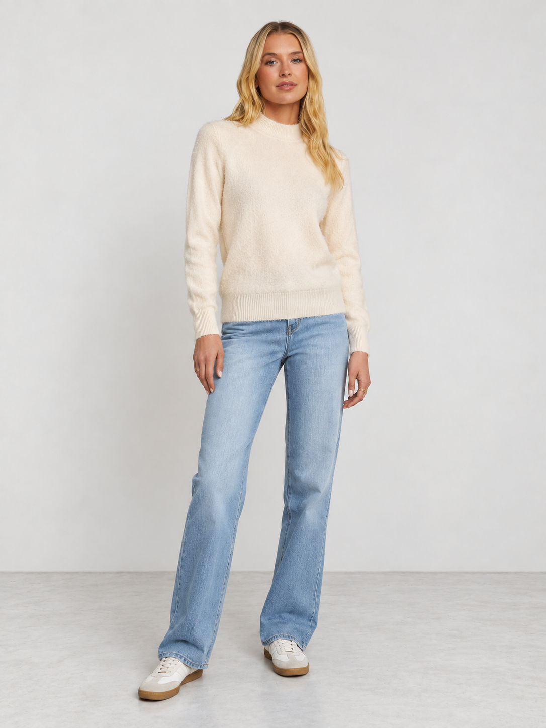 Women's Soft Knit Mock Neck Jumper - cream model