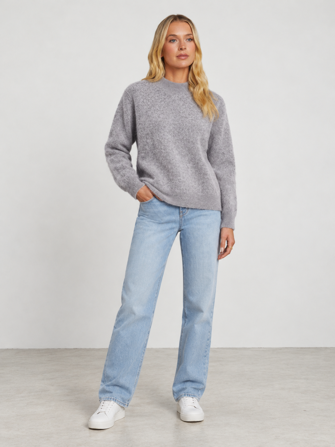 Women's Soft Knit Mock Neck Jumper - grey model